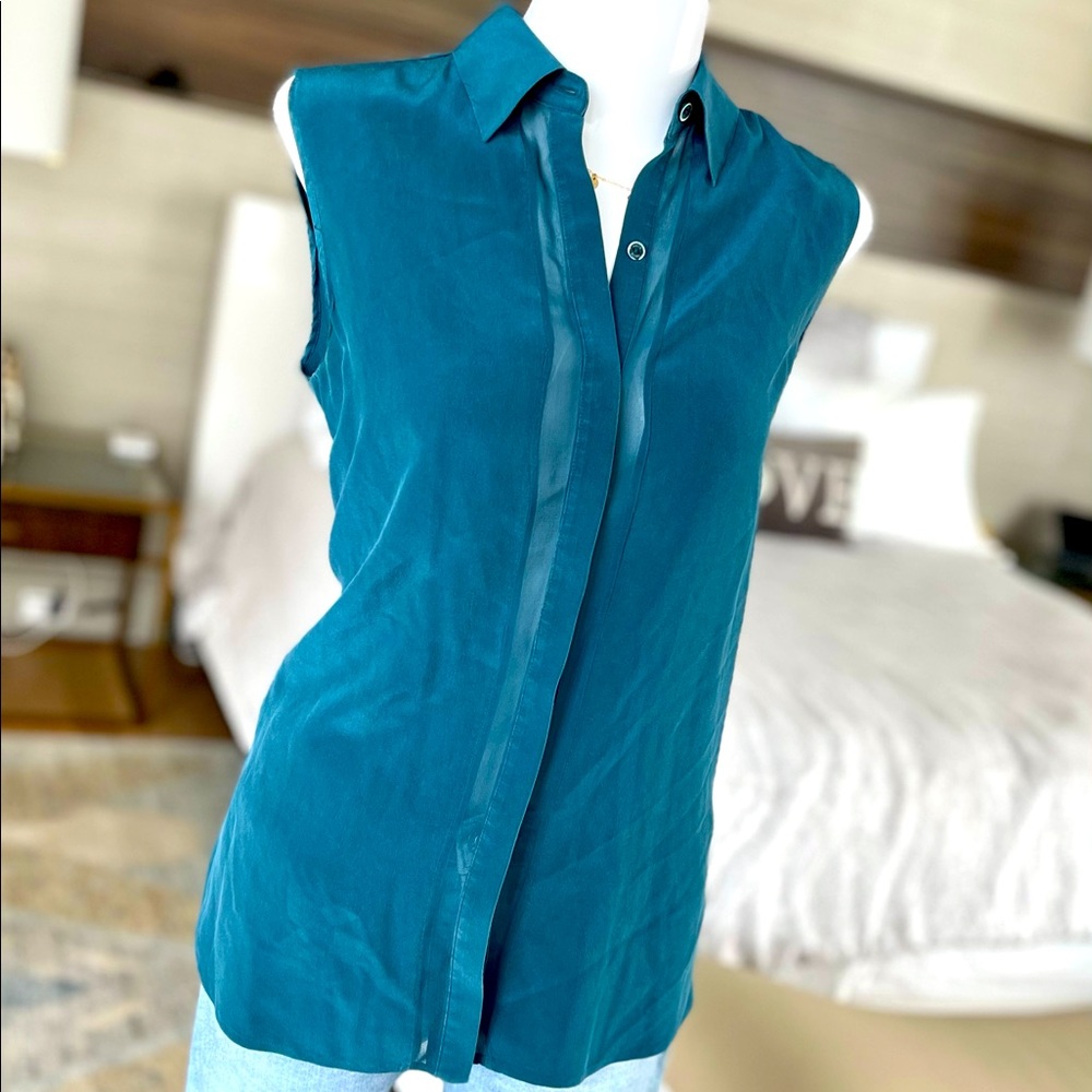 VINCE Teal Silk Sleeveless Sheer Panel Blouse